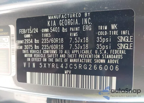 2024 Kia Sorento S из США, поврежденный, VIN 5XYRL4JC5RG266006